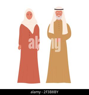 Old muslim couple people, arab elderly family characters standing together Stock Vector