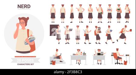 Nerd pose set, clever girl with glasses studying at home and school college or university Stock Vector