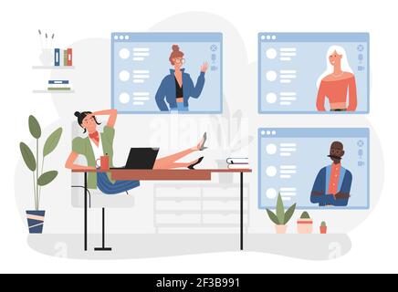 People at online video conference, businesswoman sitting at office table, conferencing Stock Vector