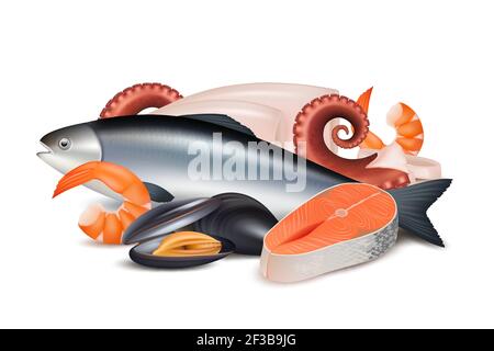 Seafood. Composition of different fresh protein food fish octopus mollusk lobster vector realistic pictures Stock Vector