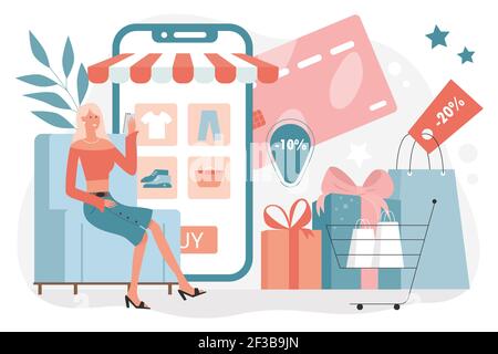 Online shopping, happy young woman sitting in home armchair next to big smartphone Stock Vector