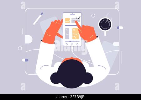 Woman looks in phone on table Stock Vector