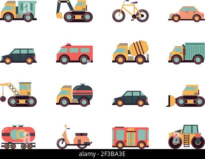 Transport flat icon. Transportation symbols different automobiles public vehicle vector machines colored icon collection Stock Vector