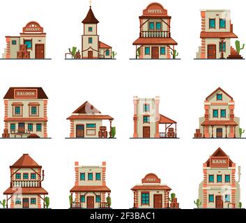 Western constructions. Old wild west town store saloon cowboy bar vector building in cartoon style Stock Vector