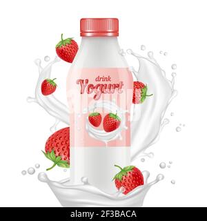 Drink yogurt realistic bottle, milk splashes and strawberries vector isolated on white background Stock Vector