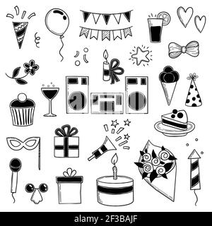 Party icons. Funny birthday disco music party symbols sweets cakes and drinks vector silhouettes Stock Vector