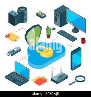 Secure cloud storage. Isometric data storage vector concept. Information transfer, internet and local network Stock Vector