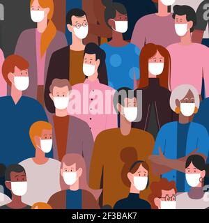 Crowd of people in white medical face mask to protect against coronavirus, quarantine Stock Vector
