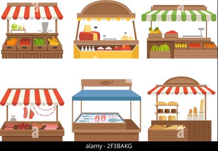 Local market. Street food places stands outdoor farm vegetables fruits meat and milk vector pictures Stock Vector