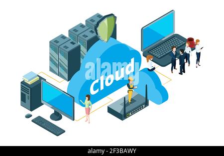 Cloud storage concept. Isometric data transfer vector illustration. Businesspeople and housewife used cloud storage Stock Vector