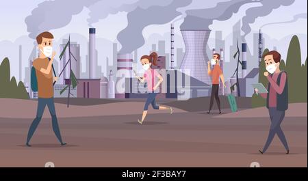 Mask pollution. Smog in city urban factory sad people in mask bad environment vector Stock Vector