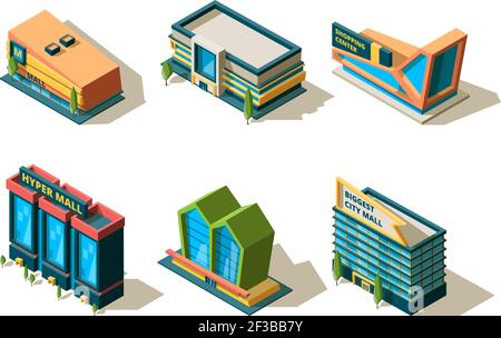 Mall isometric. Big modern buildings of shopping center different architectural city store vector collection Stock Vector