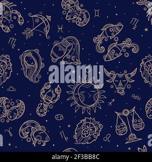 Astronomy seamless. Drawn zodiac symbols textile pattern design horoscope concept fish taurus lion gemini scorpion vector astronomy Stock Vector