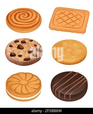 Cookies. Delicious food dessert sweets creamy biscuits with chocolate crumbles pieces crackers vector realistic collection Stock Vector