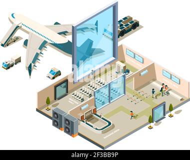 Airport terminal building. Vector crossection arrival interior entrance security service caffe luggage conveyor stores vector airport equipment Stock Vector