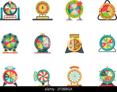 Wheel fortune icon. Circle objects of lucky spinning roulette vector lottery wheels collection Stock Vector