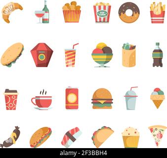 Fast food icons. Junk food sandwich hamburger coffee fried potatoes beverage vector flat pictures Stock Vector