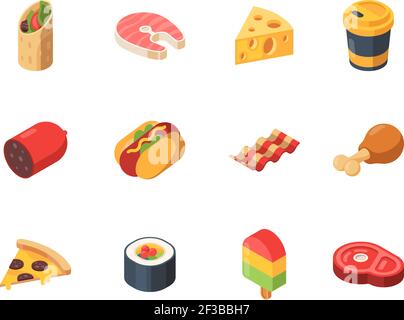 Food icons. Cheese bread burger water meal fruits fish fresh natural products vector isometric symbols Stock Vector