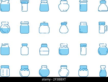 Jar line icons. Bottles for sweets jam marmalade strawberry with labels vector symbols collection Stock Vector