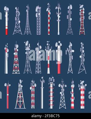 Wireless tower. Cellular wifi radio and tv cell communication towers with antena vector collection Stock Vector