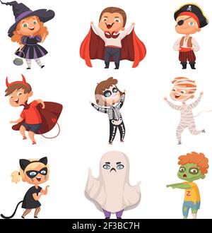 Halloween costumes. Kids scary at party trick or treat vampire zombie witch vector characters Stock Vector