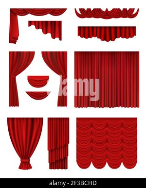 Curtain stage. Theatrical opera hall decoration red luxury silk curtains vector realistic collection Stock Vector