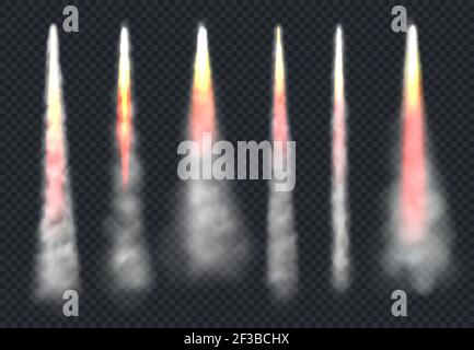Launch rocket smoke. Aircraft flying effect fog and fire speed flowing sky steam vector realistic templates Stock Vector
