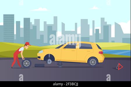 Roadside assistance. Vector tire fitting service. Cartoon car mechanic changing car wheels on road illustration Stock Vector