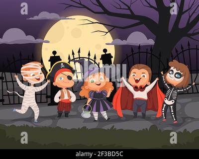 Halloween backgrounds. Kids playing in scary costumes for halloween devil horror party ghost zombie witch vector characters collection Stock Vector