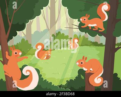 Squirrel in forest. Wild animals playing in trees vector cartoon background Stock Vector