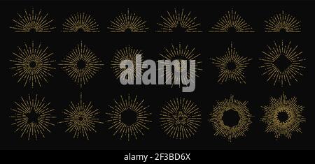 Golden sunburst. Vector radiant rays icons. Vintage sun flame elements. Hipster style doodle logo design Stock Vector