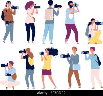 Photographer characters. Professional videography and photographers standing with cameras vector collection Stock Vector