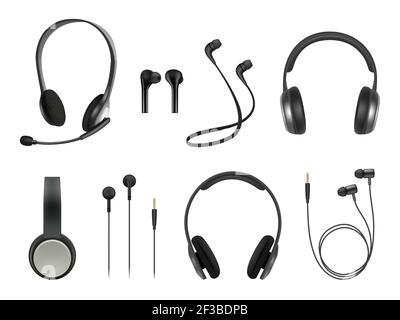 Headset realistic. Earbuds music modern equipment wireless headset vector collection Stock Vector