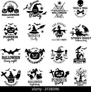 Halloween symbols. Scary logo collection horror badges pumpkin skull and bones ghost vector design template Stock Vector