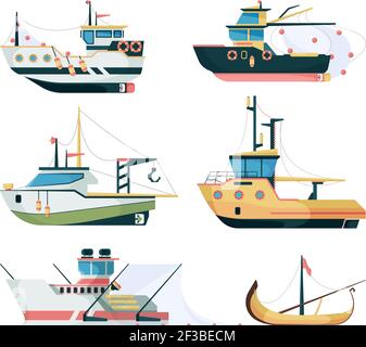 Fishing boats. Marine sailing transport for fishing big and small ships vector flat style Stock Vector