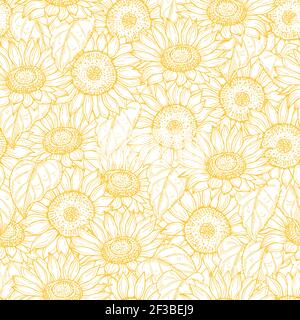 Sunflower seamless pattern. Vector line yellow flowers texture background Stock Vector