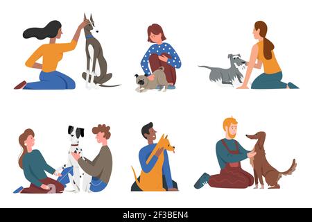 Happy people with pet dog friends set, young man woman character sitting, hugging doggy Stock Vector