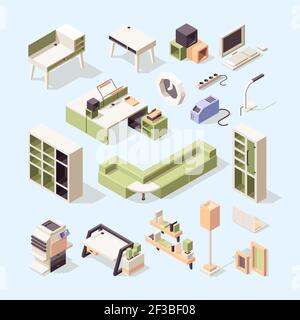 Business furniture. Office desk chairs wardrobe bedside table isometric vector low poly furniture Stock Vector