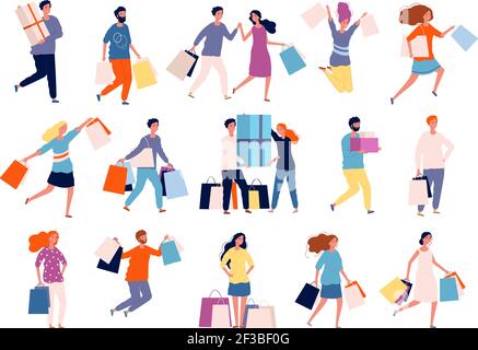 Shopping characters. People in market boutique store buyers discount crazy shopping vector persons Stock Vector