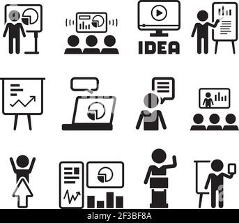 Business presentation icon. Training teacher talking flipchart businessman speaker conference hall mentor group people vector symbols Stock Vector