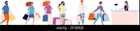 Queue store. Shopping people with products standing at counter shopper happy crowd queue vector collection Stock Vector