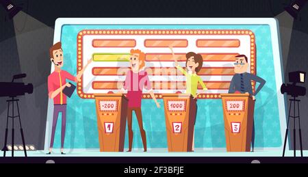 Quiz tv show. Smart competition with three players answered question entertainment tournament television game vector background Stock Vector