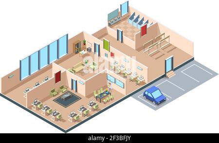 Coworking. Zone startup loft modern open space business office creative rooms with furniture vector isometric interior Stock Vector