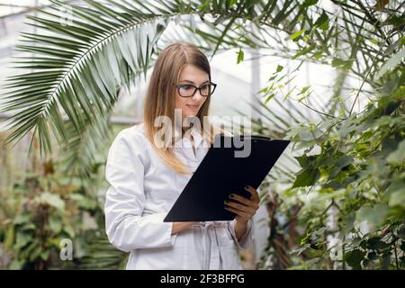 Young confident woman agronomist wearing white lab coat, walking with folder beside palm trees in beautiful greenhouse, making notes and supervising Stock Photo