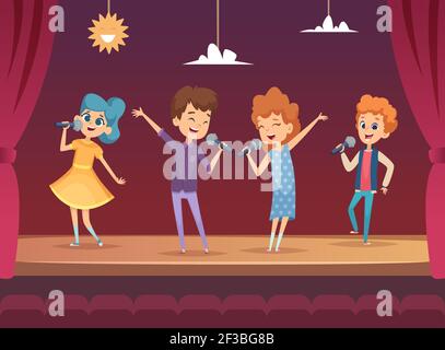 Kids stage. Children performance karaoke sing boys and girls vector backgrounds Stock Vector