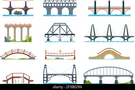 Bridges. Wooden iron aqueduc with column modern architectural objects vector bridge in flat style Stock Vector