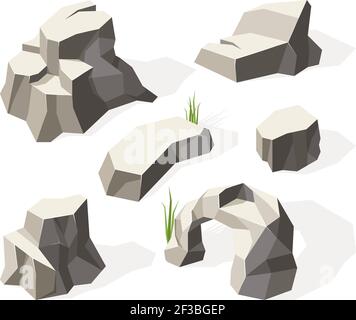 Rocks isometric. Gray stones for wall construction block granite mineral vector rocks surface Stock Vector