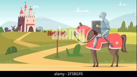 Medieval knight background. Historical armored characters outdoor castle vector cartoon scene Stock Vector