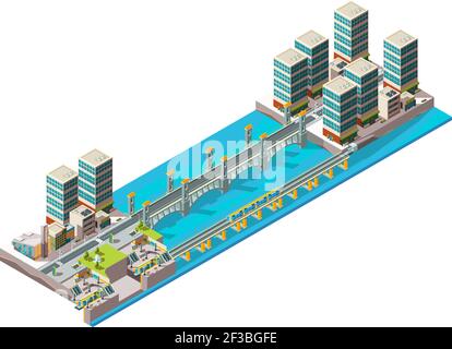 Urban river. City landscape with low poly buildings and bridge big viaduct vector isometric Stock Vector