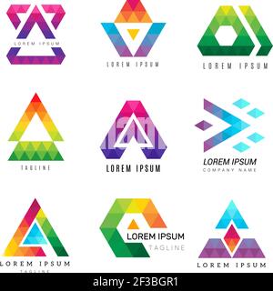 Polygonal triangle logo. Business colored identity abstract symbols polygons ornamental vector graphic Stock Vector